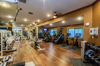 A well-equipped gym with a variety of exercise machines and weights.